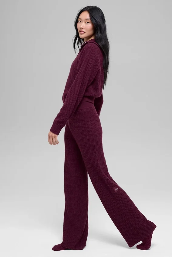 Pantalón de cachemira High-Waist con tejido tipo waffle y tacto suave - Burdeos