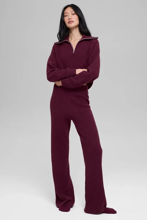 Pantalón de cachemira High-Waist con tejido tipo waffle y tacto suave - Burdeos