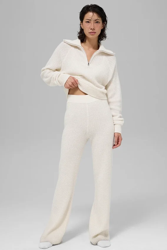 Pantalón de cachemira High-Waist con tejido tipo waffle y textura mullida - Marfil