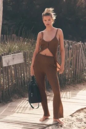 Pantalón High-Waist recto estilo jersé «Sunlit» — Marrón «Sun Kissed»