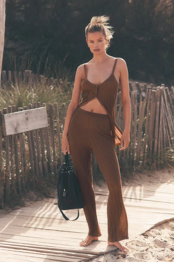 Pantalón High-Waist recto estilo jersé «Sunlit» — Marrón «Sun Kissed»