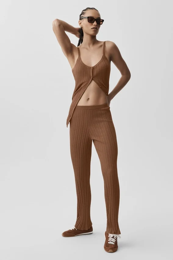 Pantalón High-Waist recto estilo jersé «Sunlit» — Marrón «Sun Kissed»
