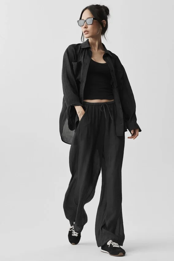 Pantalón High-Waist y pierna recta «Golden Hour» semitransparente - Negro