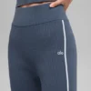 Pantalones acampanados de cintura alta de jerséu acanalado — Bluestone/Blanco