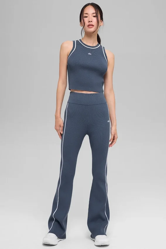 Pantalones acampanados de cintura alta de jerséu acanalado — Bluestone/Blanco