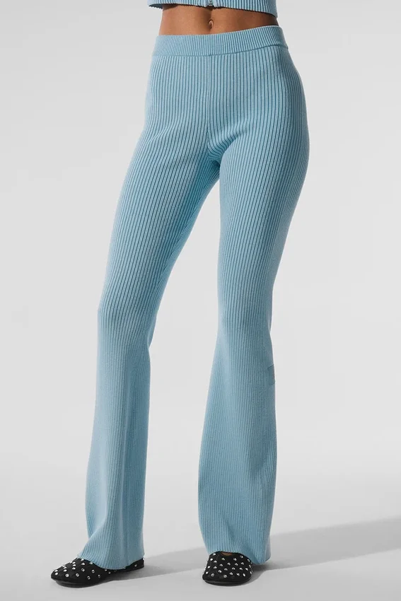 Pantalones acampanados High-Waist de punto denim — Azul celestial/Azul celestial oscuro