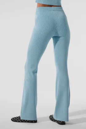 Pantalones acampanados High-Waist de punto denim — Azul celestial/Azul celestial oscuro