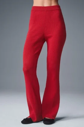 Pantalones acampanados High-Waist de punto denim — Rojo intenso/Rojo intenso oscuro