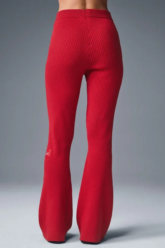 Pantalones acampanados High-Waist de punto denim — Rojo intenso/Rojo intenso oscuro