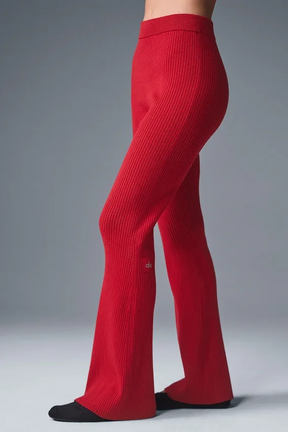Pantalones acampanados High-Waist de punto denim — Rojo intenso/Rojo intenso oscuro