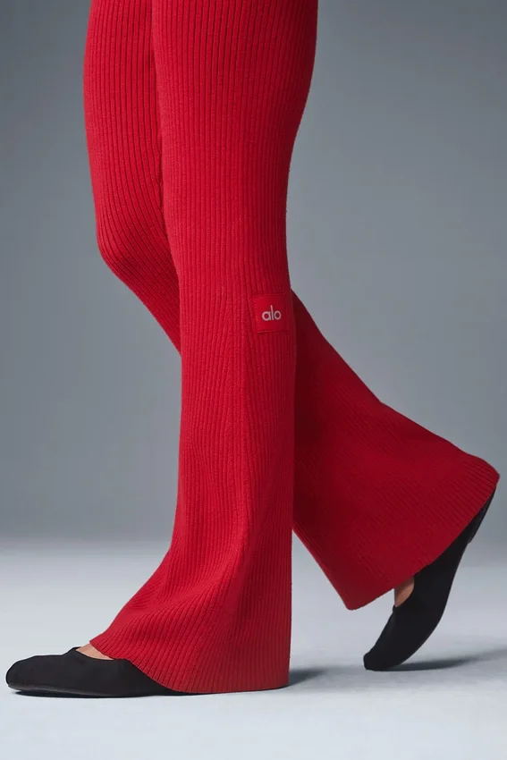 Pantalones acampanados High-Waist de punto denim — Rojo intenso/Rojo intenso oscuro
