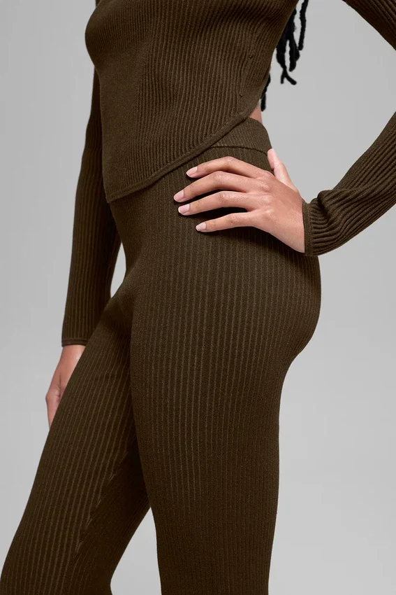 Pantalones acampanados High-Waist de punto vaquero - Espresso/Negro