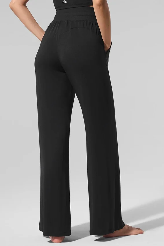 Pantalones acampanados para estar en casa, delicados y semitransparentes - Negro