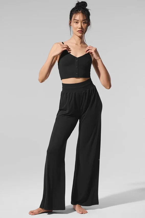 Pantalones acampanados para estar en casa, delicados y semitransparentes - Negro