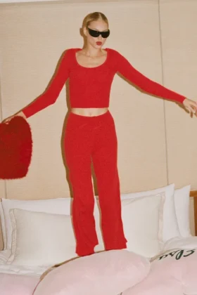 Pantalones anchos de talle medio tipo «Unwind» de jerséu - Rojo brillante