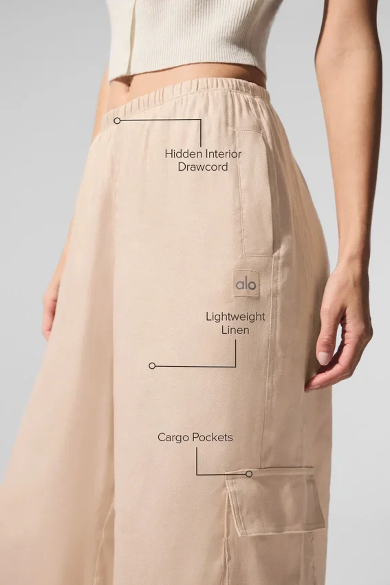 Pantalones cargo de pierna ancha Linen Getaway — Macadamia