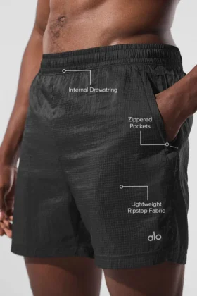Pantalones cortos 2 en 1 «Game Time» de tela ripstop de 5″ – Negro/Negro