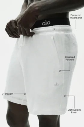 Pantalones cortos Coastal de jersey de lino de 7″ – Blanco
