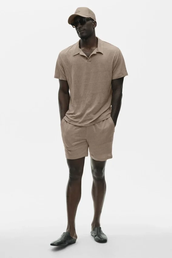 Polo de manga corta «Coastal» de jersey de lino - Gravel