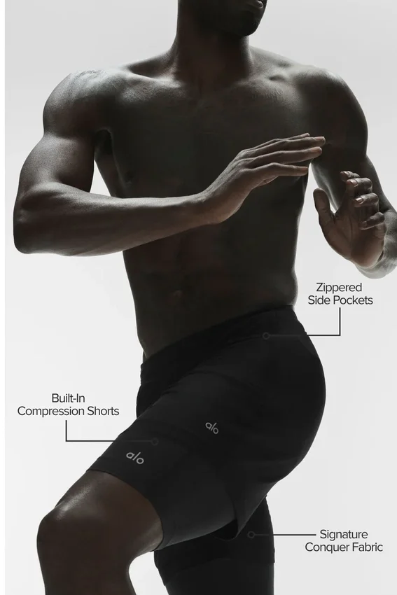 Pantalones cortos de alto rendimiento Conquer React 2 en 1 - Negro/Negro