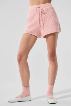 Pantalones cortos de cachemira High-Waist con tejido de panal mullido - Rosa cuarzo