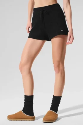 Pantalones cortos de cachemira High-Waist con tejido tipo waffle mullido - Negro