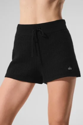 Pantalones cortos de cachemira High-Waist con tejido tipo waffle mullido – Negro