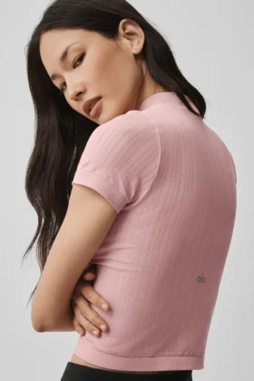 Pantalones cortos de manga corta con cuello alto sin costuras de punto Pointelle – Rosa vintage