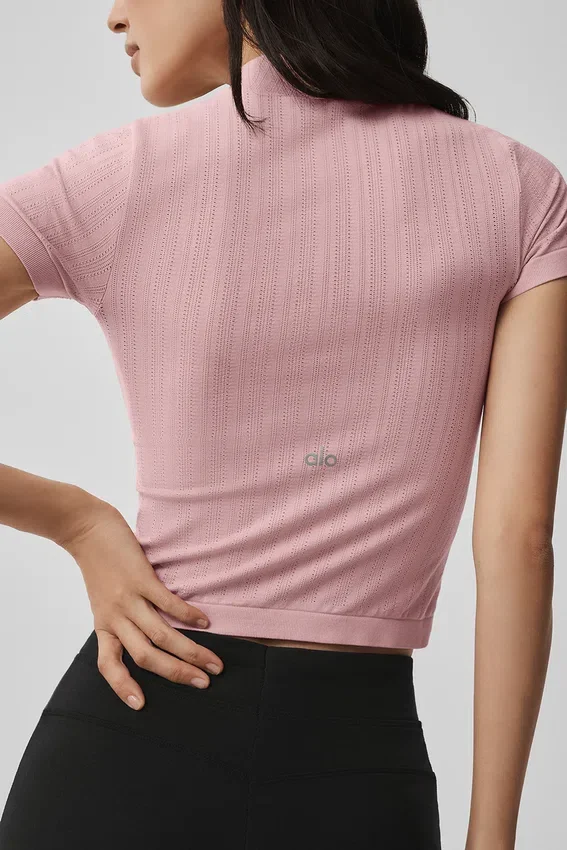 Pantalones cortos de manga corta con cuello alto sin costuras de punto Pointelle - Rosa vintage