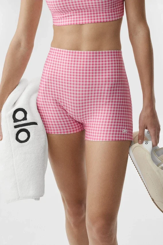 Pantalones cortos High-Waist Airlift con estampado de cuadros de 3" - Cuadros rosa paraíso