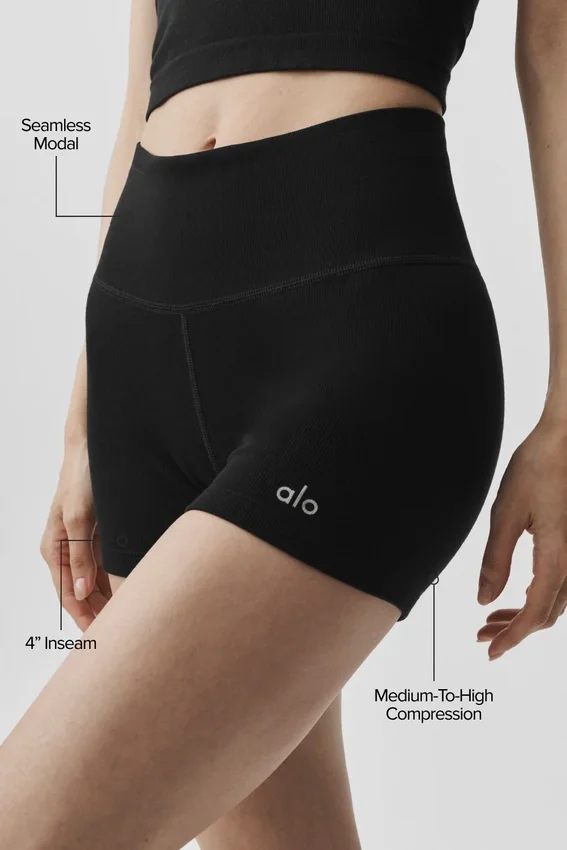 Pantalones cortos High-Waist sin costuras con canalé de modal de 4" - Negro