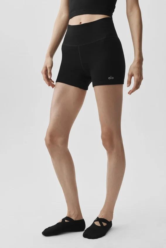 Pantalones cortos High-Waist sin costuras con canalé de modal de 4" - Negro