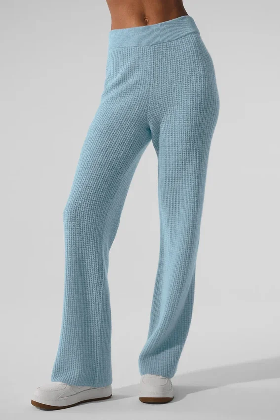 Pantalones de cachemira de tejido tipo waffle, High-Waist y tacto suave - Azul celeste jaspeado