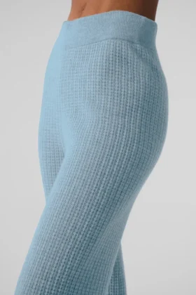 Pantalones de cachemira de tejido tipo waffle, High-Waist y tacto suave – Azul celeste jaspeado