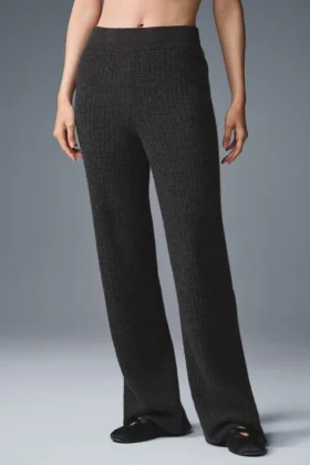 Pantalones de cachemira High-Waist con tejido tipo waffle mullido - Gris oscuro jaspeado