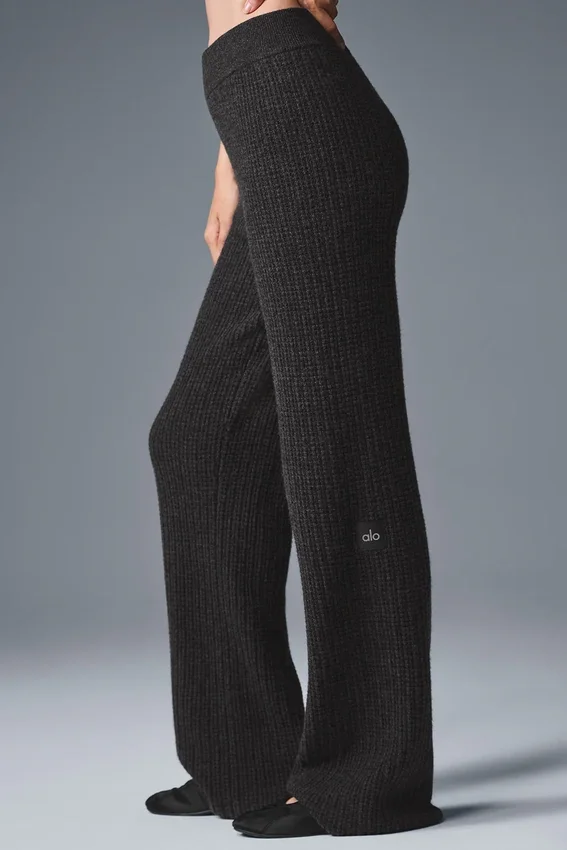 Pantalones de cachemira High-Waist con tejido tipo waffle mullido - Gris oscuro jaspeado