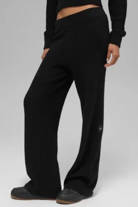 Pantalones de cachemira High-Waist con tejido tipo waffle — Negro