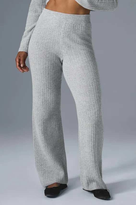 Pantalones de cachemira High-Waist con tejido tipo waffle y tacto suave - Gris jaspeado deportivo