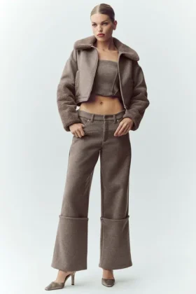 Pantalones de pierna ancha Nightcap de mezcla de lana – Cacao alpino jaspeado