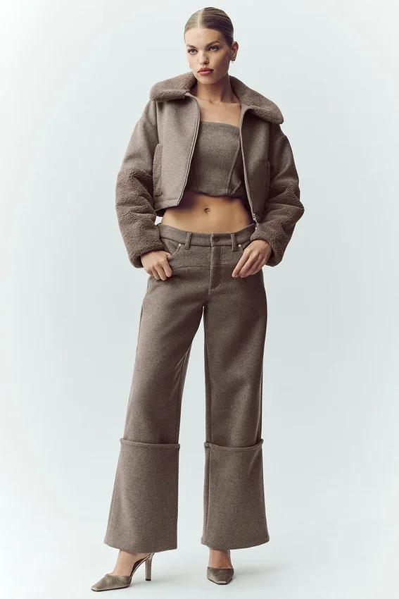 Pantalones de pierna ancha Nightcap de mezcla de lana – Cacao alpino jaspeado