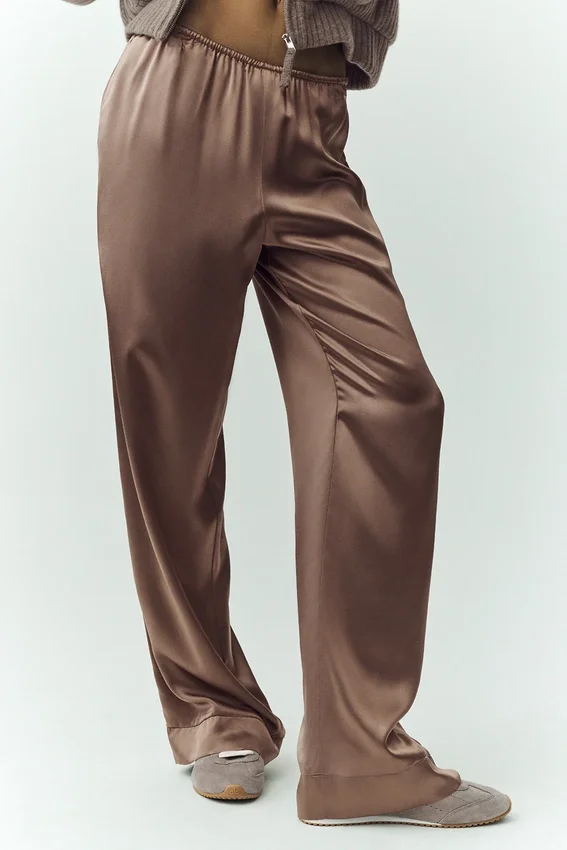 Pantalones de seda luminosa (largo) - Cacao alpino