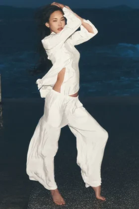 Pantalones rectos High-Waist «Golden Hour» semitransparentes - Marfil