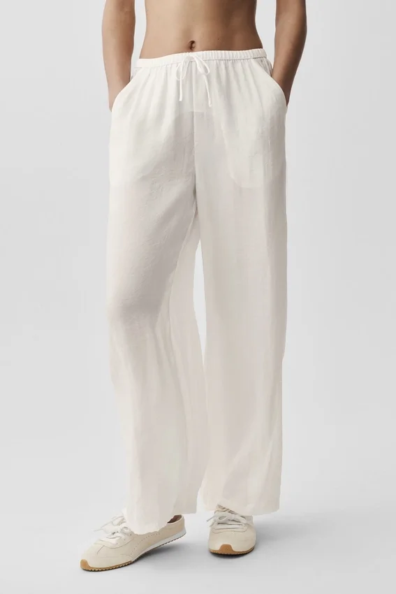 Pantalones rectos High-Waist «Golden Hour» semitransparentes - Marfil