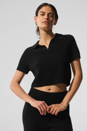 Polo de cachemira con tejido de panal — Negro