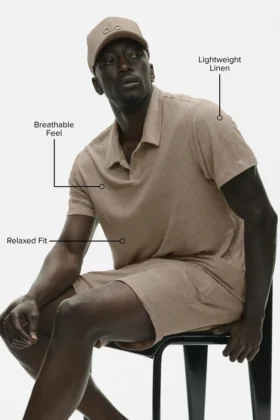 Polo de manga corta «Coastal» de jersey de lino – Gravel