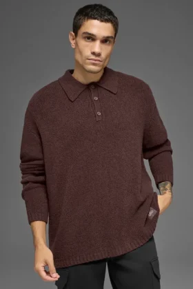 Polo de manga larga de punto texturizado – Brownstone