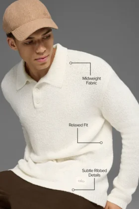 Polo de manga larga de punto texturizado – Marfil