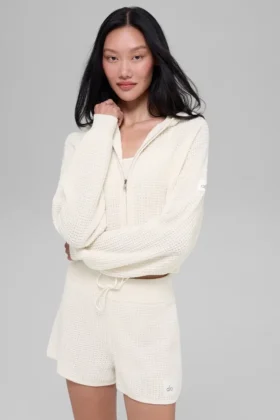 Sudadera con capucha de cachemira con tejido de panal y cremallera completa - Marfil