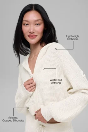 Sudadera con capucha de cachemira con tejido de panal y cremallera completa – Marfil
