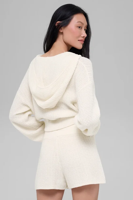 Sudadera con capucha de cachemira con tejido de panal y cremallera completa - Marfil
